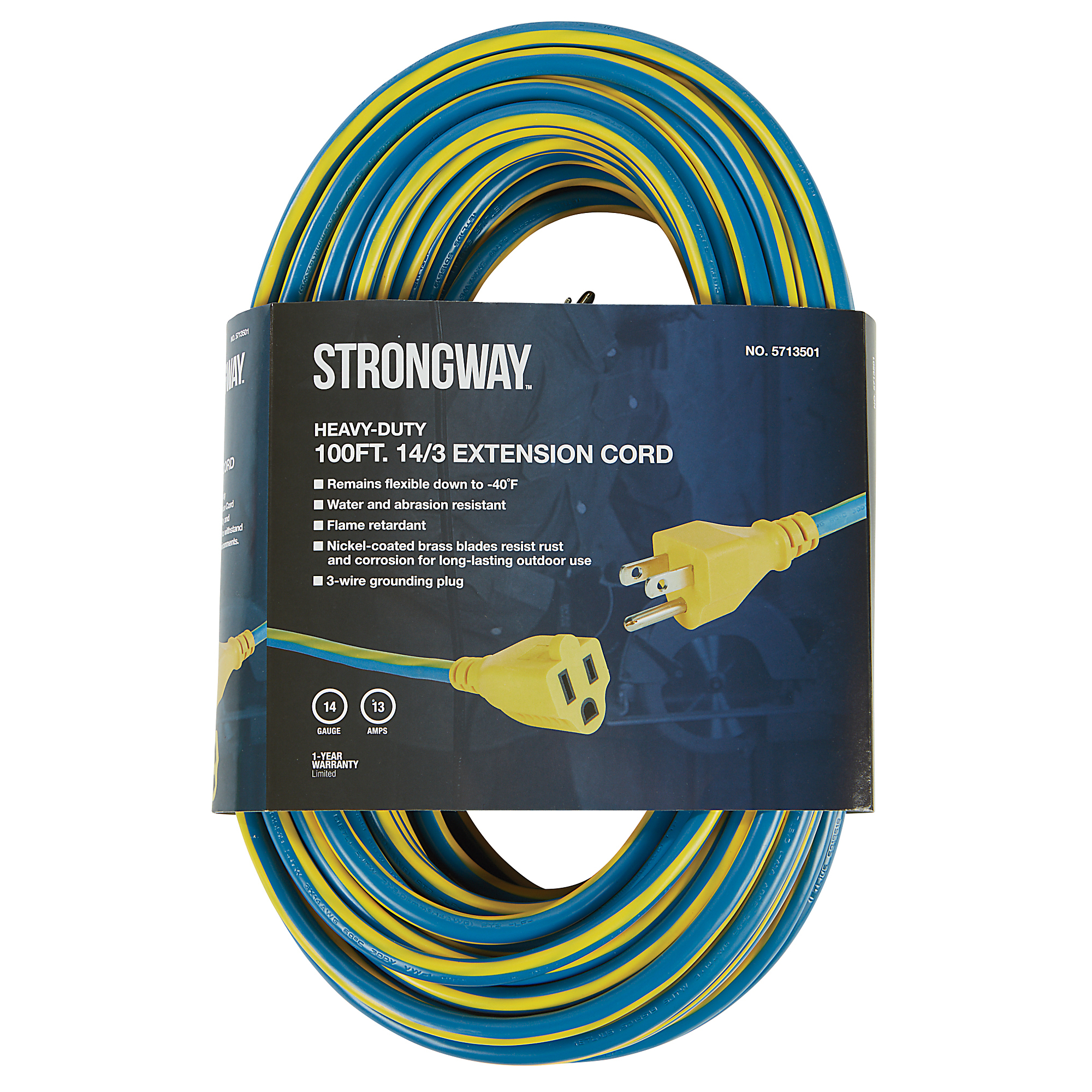Strongway Extension Cord, 100ft.,14/3 Ga., 15 Amps, Model# SJTW 3X14AWG